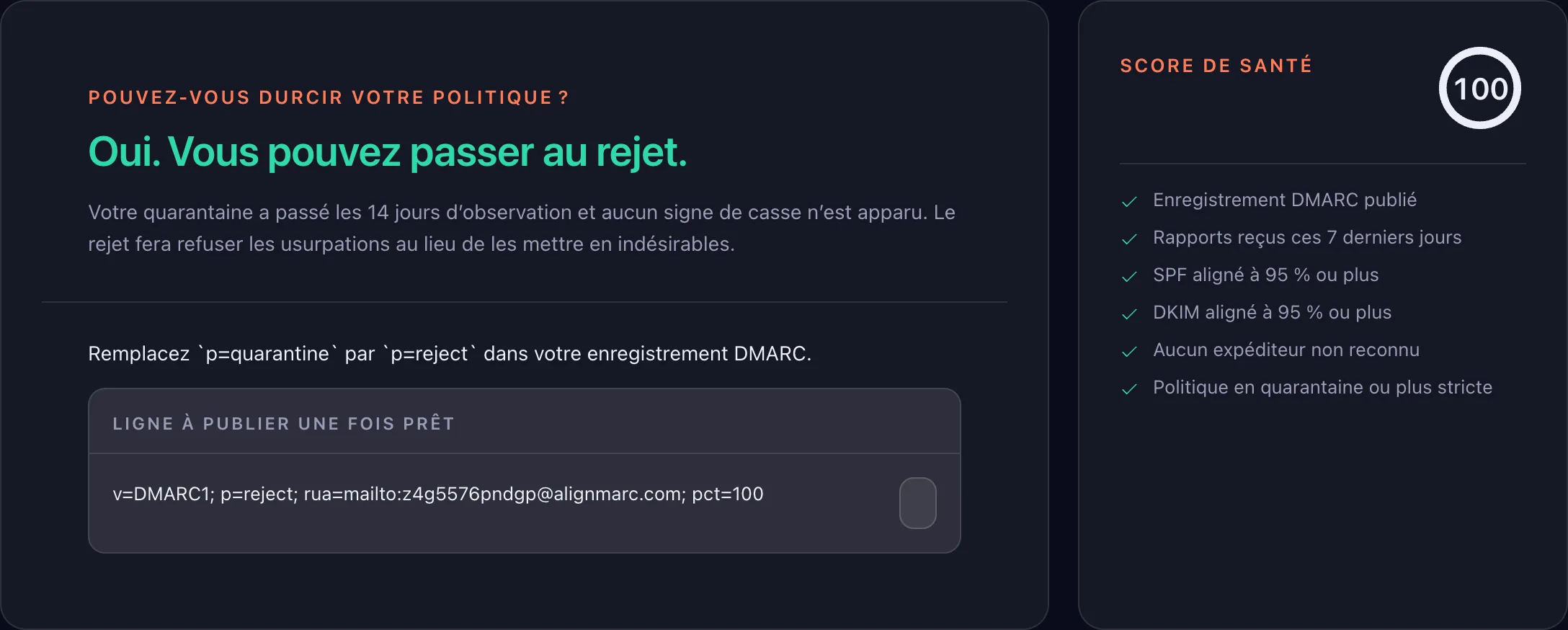 L’état de votre protection DMARC — Après correction